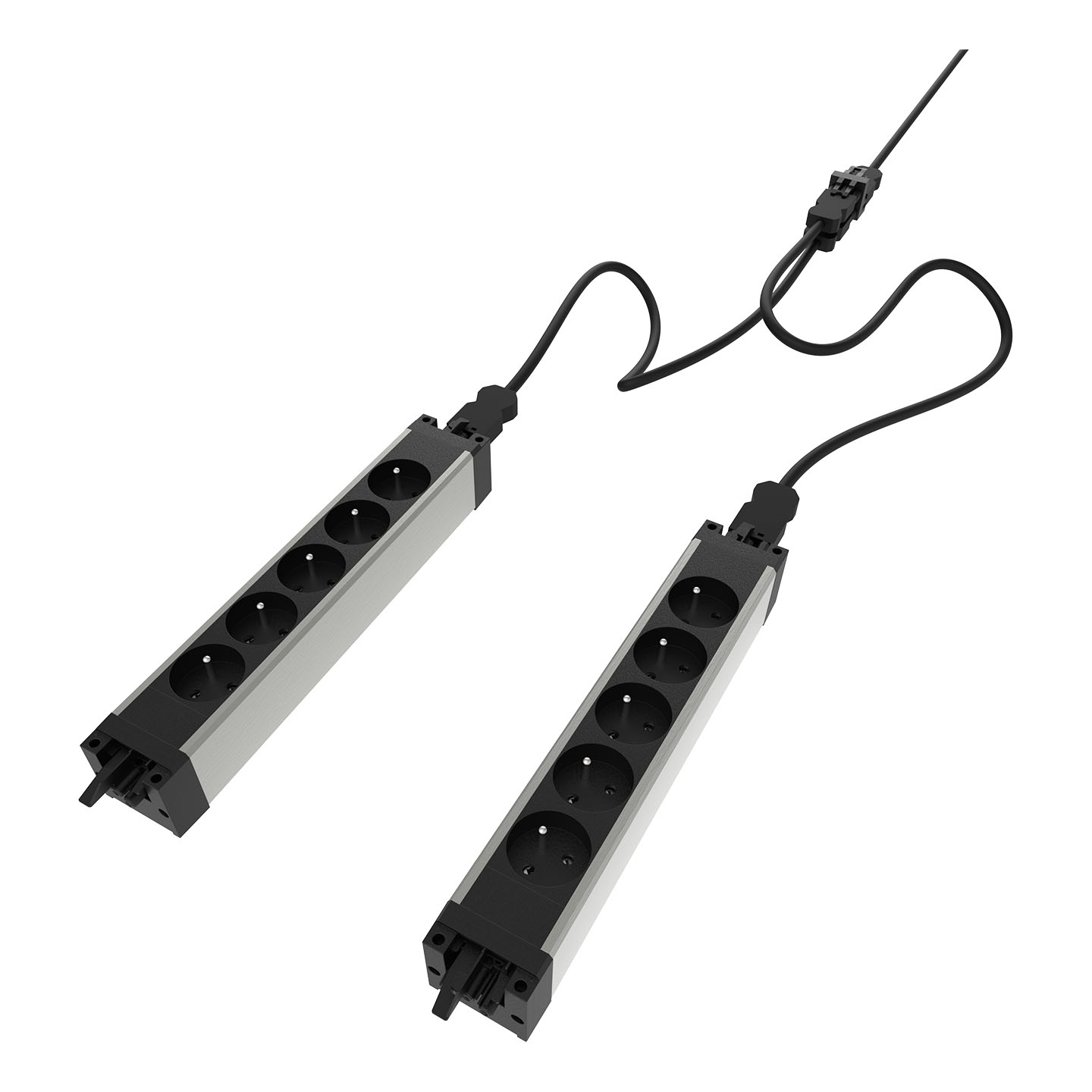 28.933 The under-desk power set provides an efficient and safe power supply for two workstations. The set consists of two 5-way power strips with integrated GST18i3 input and output, making it easy to daisy-chain or connect power products on the desktop. The power strips are made of fire-retardant polycarbonate and aluminium and have internal overload protection. Thanks to the optional mounting brackets, the units can be mounted directly under the desktop, in cable ducts or on furniture panels. With 10 FR/BE sockets, this set offers enough connections for monitors, docking stations and other desktop equipment.

The starter cable (