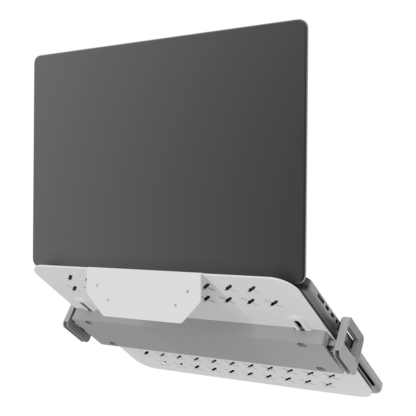 38.040 Der universelle Addit Laptophalter bietet eine saubere, ergonomische Möglichkeit, Ihren Laptop oder Ihr Notebook in Ihren Arbeitsbereich zu integrieren. Er lässt sich an jedem VESA-Monitorarm befestigen und hebt Ihr Gerät vom Schreibtisch ab, um Platz zu schaffen und Ihre Körperhaltung zu verbessern. Geeignet für Laptops von 12" bis 18" mit verstellbaren Klemmen, die die Anschlüsse zugänglich halten. Eine Sicherheitsleiste und Kabelführungen sorgen für eine sichere, ordentliche und professionelle Installation, ideal für jede Wohn- oder Büroumgebung, und verbessern den Komfort und die Produktivität.
