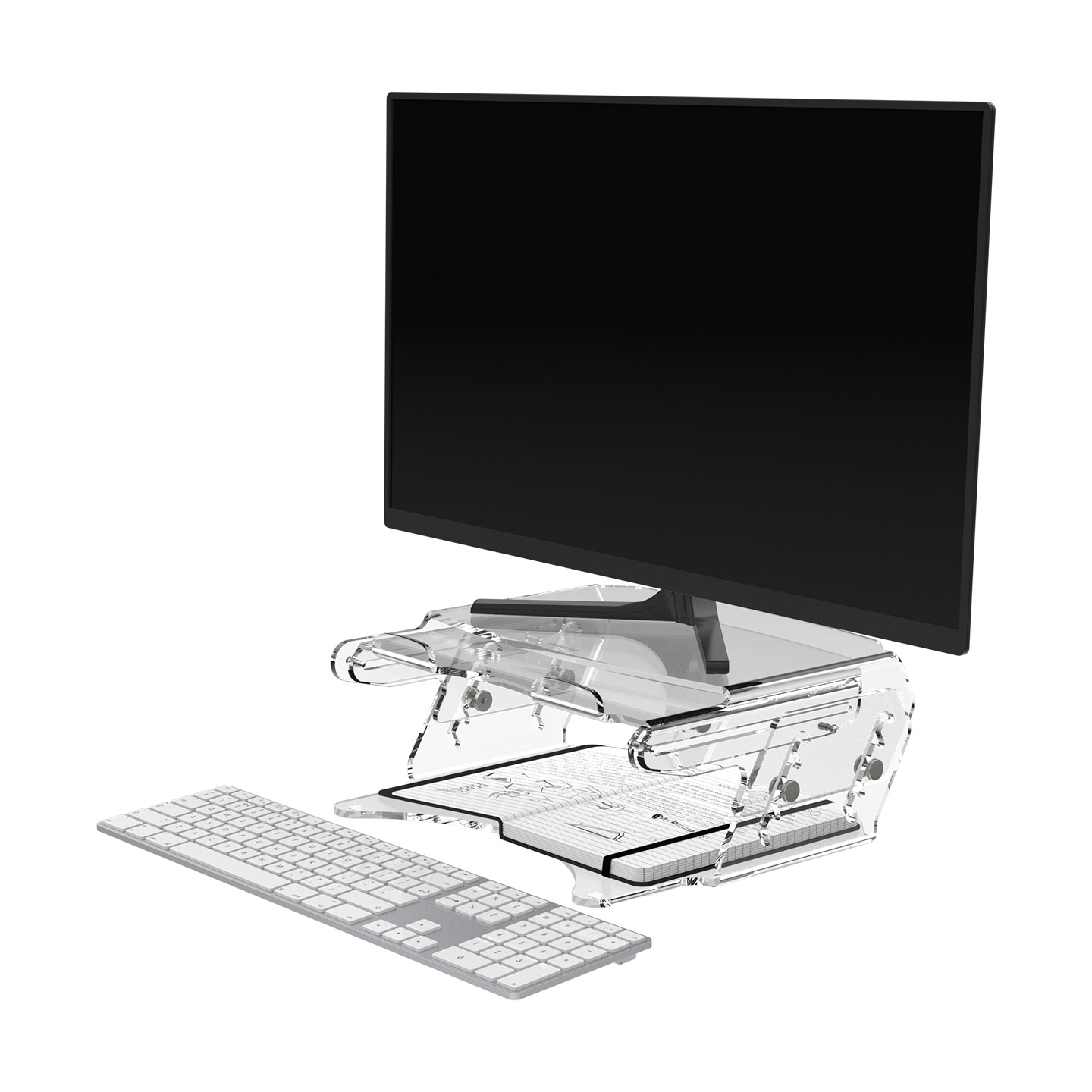 49.570 Diese Monitorerhöhung hebt den Monitor nicht nur auf das gewünschte Niveau an, sondern verfügt auch über einen eingebauten, einschiebbaren Dokumentenhalter. Diese Kombination bietet eine all-in-one, in-line Lösung, die Dokumente im gleichen Abstand wie der Monitor hält. Resultat sind weniger Augenermüdung und Nackenverspannung.