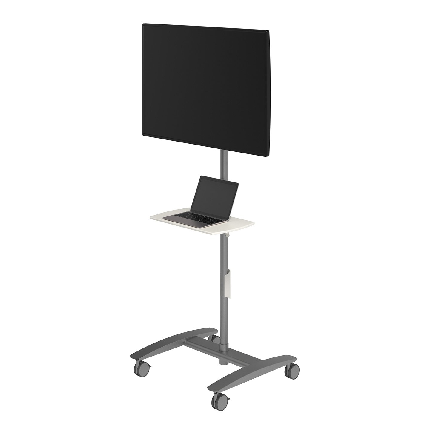 52.712 This AV trolley is perfect for company presentations or classrooms. Both its TV screen/monitor mount and its media device platform are independently height adjustable, making sure the audience gets the best possible viewing angle. Because this trolley has big lockable castors, doorways won't present a threshold.