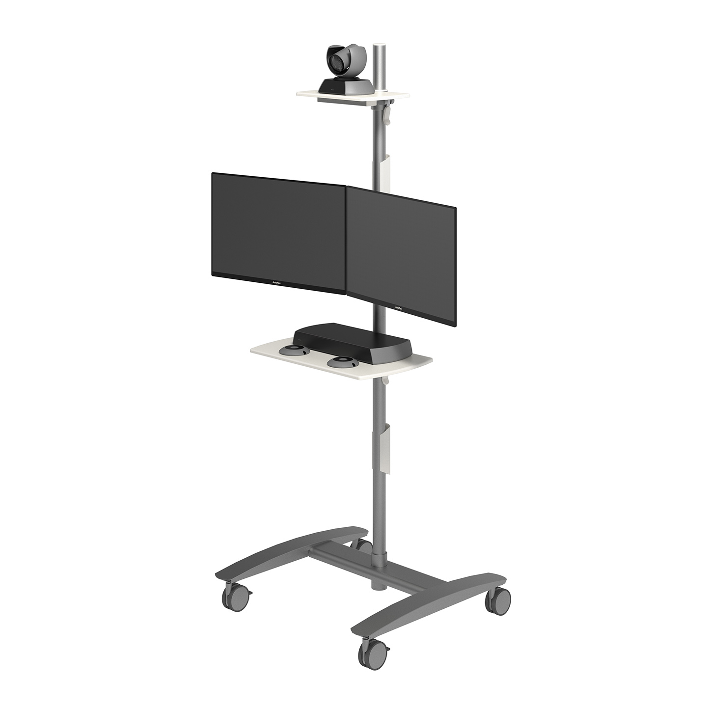 52.722 This conference trolley is great for video conferencing and telepresence systems. It has platforms for a camera and decoder and is fitted with a dual monitor mount for viewing your own presentation and your audience simultaneously. Because this trolley has big lockable castors, doorways won't present a threshold.