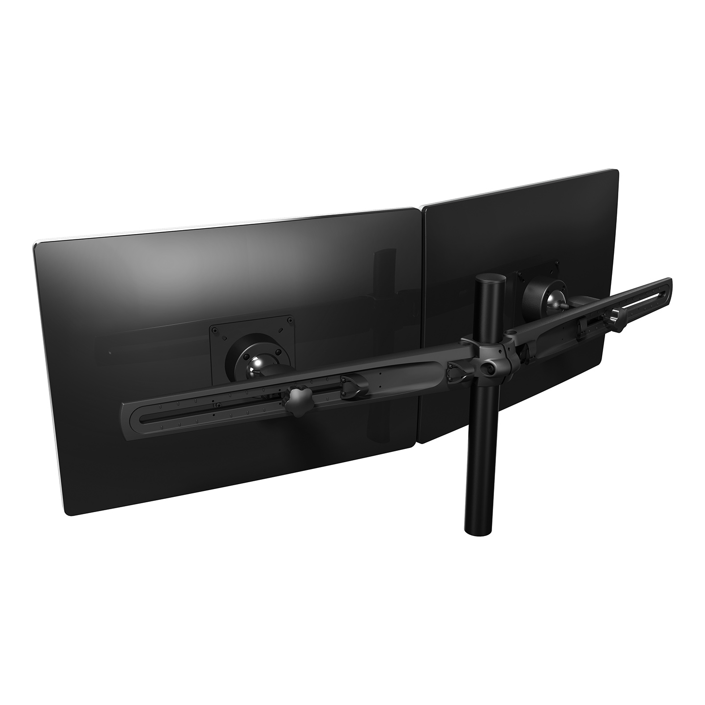 53.223 Dieses Modell ist für 2 Monitore bestimmt. Wie bei allen Multi-Monitor-Systemen mit Tragflügeln kann jeder Monitor individuell verstellt werden. Kabelmanagement in den Tragflügeln nimmt alle Kabel sauber auf und man erhält eine beeindruckende, Installation, die flach oder gekrümmt sein kann.