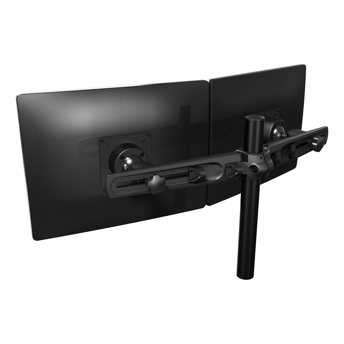 53.233 Dieses Modell ist für 2 Monitore bestimmt. Wie bei allen Multi-Monitor-Systemen mit Tragflügeln kann jeder Monitor individuell verstellt werden. Kabelmanagement in den Tragflügeln nimmt alle Kabel sauber auf und man erhält eine beeindruckende, Installation, die flach oder gekrümmt sein kann.