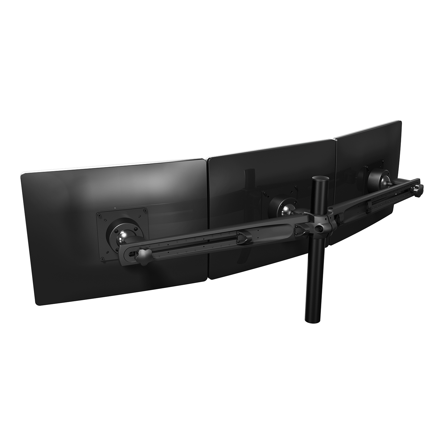 53.333 Dieses Modell ist für 3 Monitore bestimmt. Wie bei allen Multi-Monitor-Systemen mit Tragflügeln kann jeder Monitor individuell verstellt werden. Kabelmanagement in den Tragflügeln nimmt alle Kabel sauber auf und man erhält eine beeindruckende, Installation, die flach oder gekrümmt sein kann.