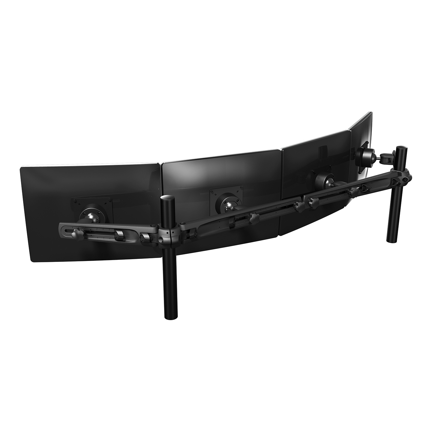 53.433 Dieses Modell ist für 4 Monitore in einer Reihe bestimmt. Wie bei allen Multi-Monitor-Systemen mit Tragflügeln kann jeder Monitor individuell verstellt werden. Kabelmanagement in den Tragflügeln nimmt alle Kabel sauber auf und man erhält eine beeindruckende, gekrümmte Installation.