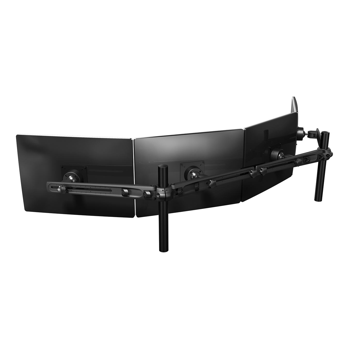53.443 Dieses Modell ist für 4 Monitore in einer Reihe bestimmt. Wie bei allen Multi-Monitor-Systemen mit Tragflügeln kann jeder Monitor individuell verstellt werden. Kabelmanagement in den Tragflügeln nimmt alle Kabel sauber auf und man erhält eine beeindruckende, gekrümmte Installation.
