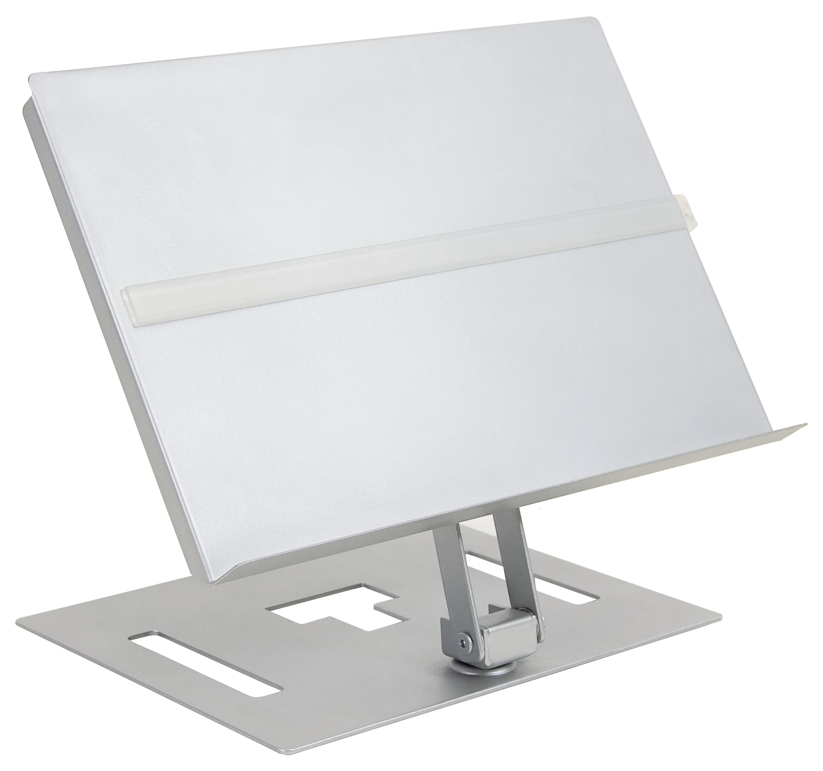 97.402 Il porta documenti, ad angolazione, profondità e altezza regolabili, è fornito con un segna riga magnetico e può contenere documenti, libri, cartelline, fascicoli ecc. fino alla dimensione A3. La struttura in acciaio lo rende sufficientemente solido da rappresentare un supporto stabile per i libri più pesanti.